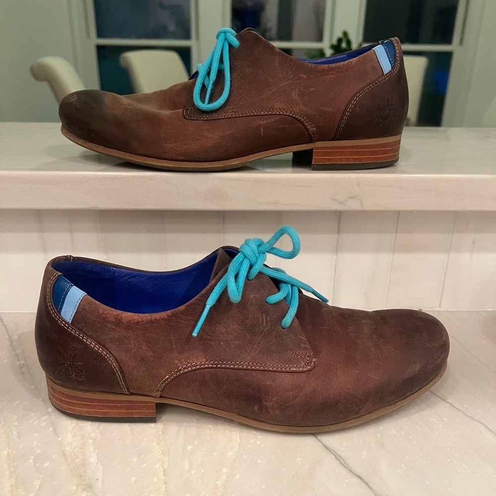 John Fluevog Brown and Blue Oxfords